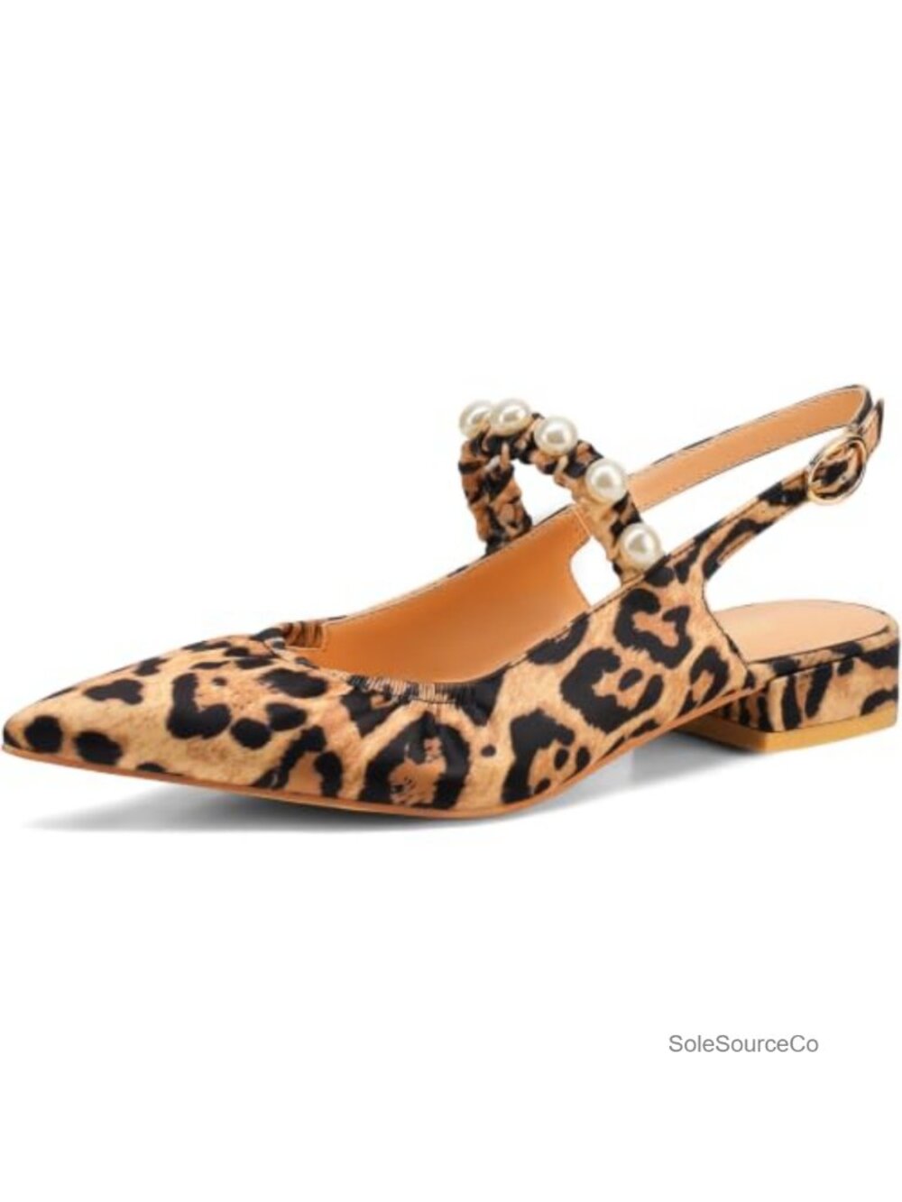 Faux Leather Slingback Flats with Pearl Pointed Toe Buckle Mary Jane Ballet
